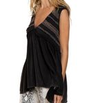 POL Washed Black Ultra-soft Boho Baby Doll Deep V Neck Lace Detail High Low Top Photo 1