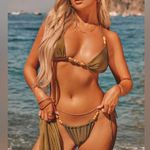 Pretty Little Thing New OLIVE WOODEN BEAD RUCHED TIE SIDE BIKINI BOTTOMS Photo 1