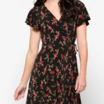 Kaileigh Black and Red Floral Midi Dress faux wrap tie waist Photo 0