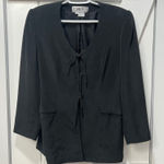 Carlisle  Women Blazer Jacket 10 Silk Tie Front Black Chic Long Line NYC Shoulder Photo 0