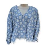 ZARA  Women's Large Light Blue White Geometeic Floral Embroidered Deep V Neck Top Photo 0