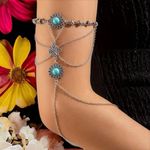 Bohemian Silvery Arm Chain With Green Turquoise Inlaid, Floral Pendant, Ethnic‎ Silver Photo 0