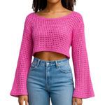 Pretty Damage Pink Crochet Bell Long Sleeve Crop Knit Boho Top Sz Small NWT Photo 0