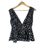 TCEC  Women's Black White Leopard Print V Neck Peplum Blouse Size S Photo 2