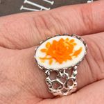 Neon Orange Rose Floral Oval Cameo Silver Stainless Steel Open Back Ring Photo 4