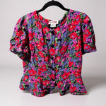 Maggy London Vintage Womens Floral Puff Sleeve Button Front Blouse Size 14 Photo 0