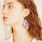 Pink Rose Flower Skull Print Dangle Halloween Earrings Bohemian‎ Faux Leather Photo 2