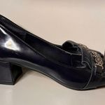 Tahari Navy Blue Patent Leather Block Heel Loafers with Chain Detail & Fringe Photo 2