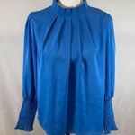 PRETTYGARDEN Long smocked sleeve pleated mock neck cobalt blue blouse top size small Photo 4