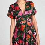 ZARA Dress S Floral Print Mini Deep V Neck Short Sleeve Fit Flare Black Pink Red Photo 0