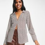 Abercrombie & Fitch Sheer Mesh Brown Checkered Blouse Long Sleeve Button Up Top Photo 0