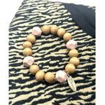 Plunder Natural Wood Peach Beads Gold Tone Tassel Bracelet Jewelry Photo 4