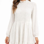 Selfie Leslie  Mini Dress‎ White Smocked Ruffle Neck Long Sleeves Whimsy Size XL Photo 0