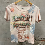 basic editions Vintage Y2K Cottage Core Pink Cat Floral Flower Graphic Rhinestone Baby Tee Top Photo 0