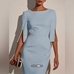 Chic Light Blue Midi Dress with Pearl Detail Size 12 Photo 2