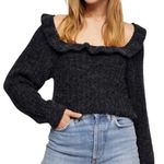 Topshop Cable Knit Open Back Ruffle Square Neck Long Sleeve Gray Sweater Photo 0