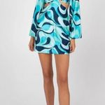 Princess Polly Dominique Retro Blue Swirl Satin Long Sleeve Cut Out Dress 2 Photo 1