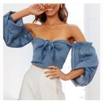 Hello Molly  Azure Skies Crop Blue Satin Shirt On or Off‎ the Shoulder Size 2 Photo 2