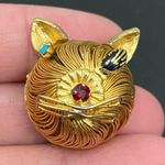 Head Vintage Unsigned Gold-tone Wired Cat CZ Stones Small Cat Brooch Photo 4