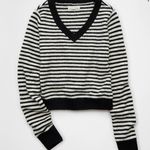 American Eagle AE Outfitters Striped Black White Whoa So Soft Shrunken V Sweater Pullover Crop Top Photo 2