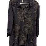 XCVI  Button Up Embroidered Long Roll Tab Sleeve Charcoal Sheer Viscose Blouse L Photo 3