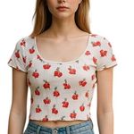 Forever 21 Cherry Print Crop Top Ribbed Knit Short Sleeve Scoop Neck Size M Photo 0