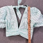 ZARA Gingham Tie Back Cropped Top Size XL Green Seersucker Puff Sleeve V-Neck Photo 4
