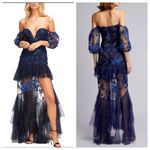 Alice McCALL Mystery Dress Gown Off Shoulder Ruffle Navy Ocean Blue US 4 Photo 2