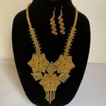 Handcrafted Mexican Gold Beaded Necklace & Earrings Set Floral Artisanal Jewelry Photo 1