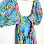 Farm Rio Womens Dress Toucans Garden Midi Puff Sleeve Cut-Out Floral Blue Size S Photo 4