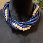 Womens Blue Beige Wood Beaded Multiple Layer Necklace Jewelry with S Hook Clasp Photo 0