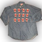 Vintage Embroidered Dancing Santa Oversized Baggy Denim Button Down Shirt S Blue Photo 4