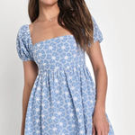 Lulus NWT  Fit to Frolic Blue Eyelet Lace Puff Sleeve Babydoll Dress Mini Sz XXL Photo 0