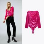 ZARA Hot Pink Velvet Bodysuit Women Small Asymmetrical Neckline Long Sleeves Photo 1