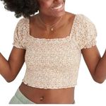 Aerie AE Micro Floral Puff Sleeve Cropped Blouse Smocked Square Neck Large Photo 0