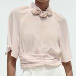 ZARA NEW Dusty Pink Chiffon Floral 3D Flower Cropped Blouse size Small Photo 0