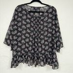Anna Sui  Black Ditsy Floral Blouse Womens L Sheer Boho Peplum Long Sleeve Top Photo 0