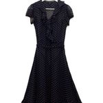 MSK Dress Size 4 Polka Dot Navy Pink Faux Wrap Ruffle Midi Short Sleeve Blue Photo 0