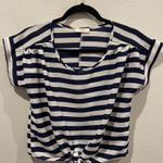 Anthropologie POETRY Navy Blue Antique White Striped Short Sleeve Blouse Photo 0