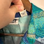 Chico's  Silk Top Womens 1 Medium Blue Geometric Button Up Artsy Boho Luxe Earthy Photo 4