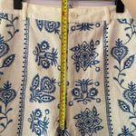 ZARA Cream Blue Embroidered Viscose Linen Blend Wide Leg Pants Women size Medium Photo 12