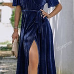 Simplee Apparel Simplee Small Butterfly Sleeve Wrap Navy Blue‎ Velvet Maxi Dress Tie Front Photo 0