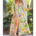HYFVE  Pink Green Tropical Long‎ Sleeve Attached Romper Maxi Dress  Size S Photo 3