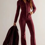 Free People NWT $178  Jayde Cord Flare Jumpsuit Wine L Cottagecore Western‎ Retro Photo 0