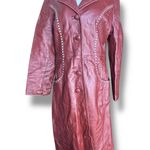 Vintage 70s Burgundy Leather Longline Trench Coat White Whipstitch Western Ranch Red Photo 0