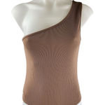 Bacio Women's Brown Rib Knit Sleeveless One Shoulder Yoga Bodysuit Tank Top Sz S Photo 0
