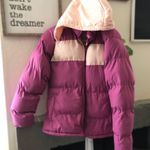 Purple and pink two tone puffer jacket with detachable hoodie and pockets. Size M Photo 0