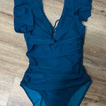 Blooming Jelly Teal Ruffled One-Piece Swimsuit - tummy control middle. Lace up back Photo 0