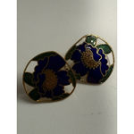 Vintage Round‎ Cloisonne Earrings Floral Cutout Blue Green Gold Clip On Photo 1