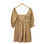 Storia Puff Sleeve Mini Babydoll Dress Tan Floral Textured Square Neck Sz Small Photo 1